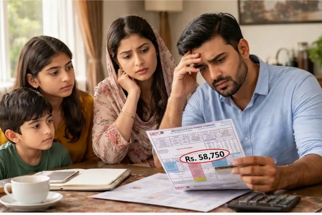 MEPCO Bill Installment Pakistani family worried about high MEPCO Bill Installment, looking at electricity bill on table, financial stress relief concept”